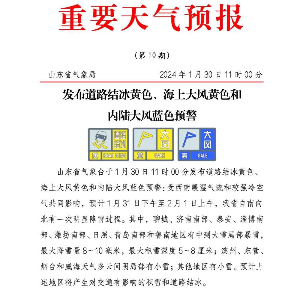 局部暴雪+8厘米积雪！山东发布道路结冰黄色、海上大风黄色、内陆大风蓝色预警