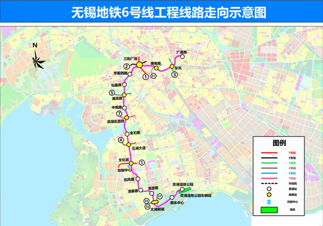 无锡地铁6号线南北走向设站18座。