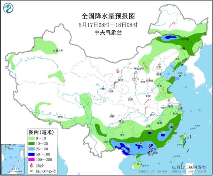 全国降水量预报图(5月17日08时-18日08时)