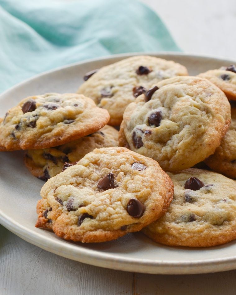chocolate chip cookies on plate.