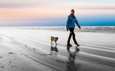 Woman walking on the beach with dog